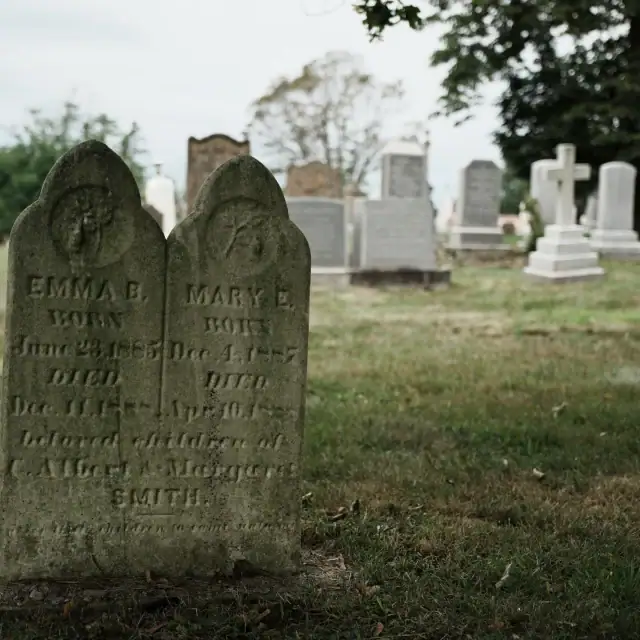 Two weathered old headstones in a cemetery with other graves and trees in the background.
