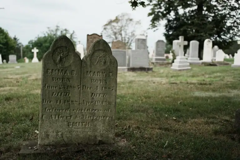 Two weathered old headstones in a cemetery with other graves and trees in the background.