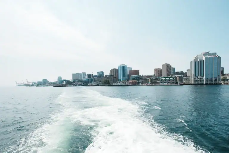 View of a city skyline from the water, with buildings and a clear sky in the background.