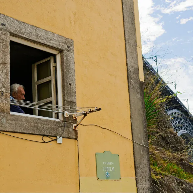Older man standing at an open window on a yellow wall, looking outside near a bridge and blue sky.